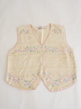 Vintage Extra Touch Cream Floral Embroidered Scalloped Button Knit Vest 2X